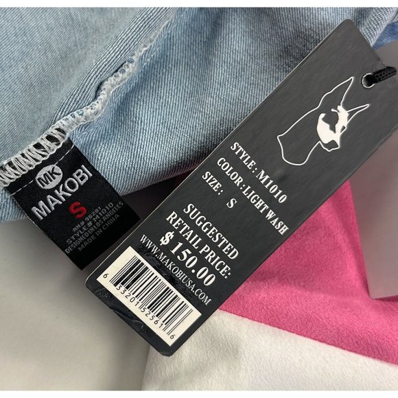 Makobi Mens Small Full Zip Denim Jean Jacket Blue Pink White Distressed M1010 - Picture 5 of 11